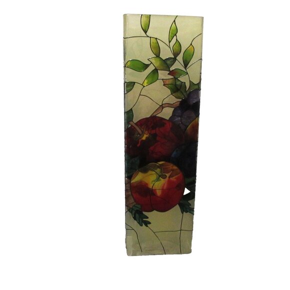 Joan Baker Hand Painted Stained Glass Vase Fruits Autumn Leaves Apx 10” x 3” x3" - Picture 4 of 10